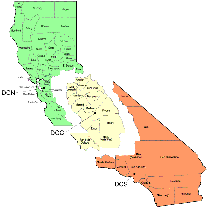 Regional map displaying the California Counties served by each Diagnostic Center (i.e., DCN, DCC and DCS) as listed below.
